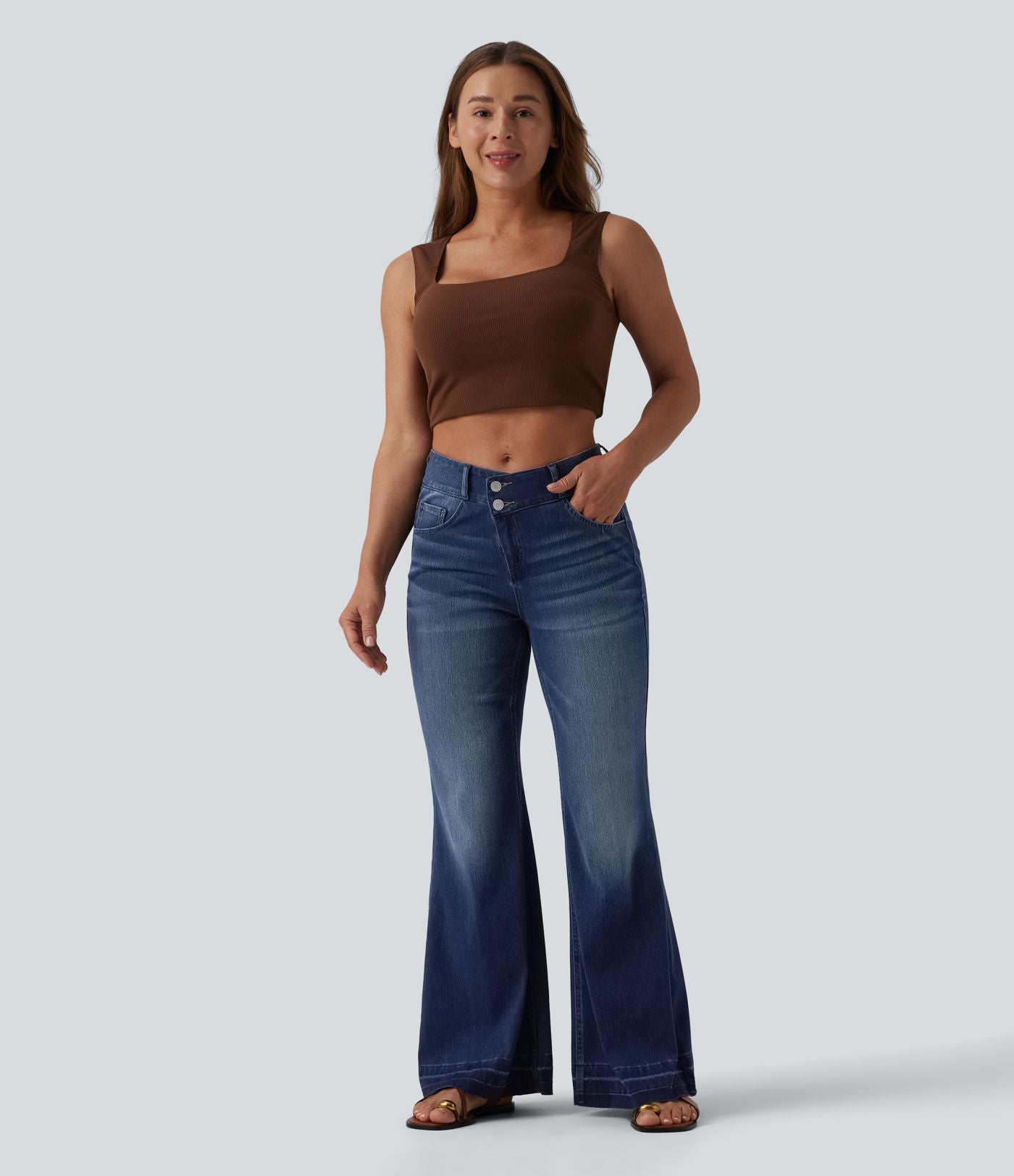 Halara Flex™ Jean évasé casual asymétrique taille mi-haute avec poches