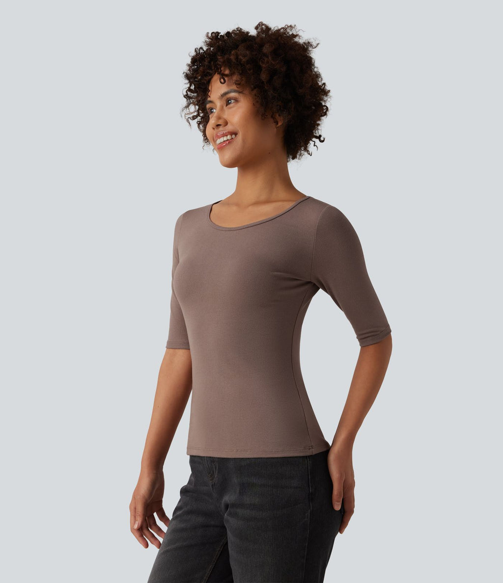 T-shirt casual col rond échancré manches trois-quarts en maille côtelée