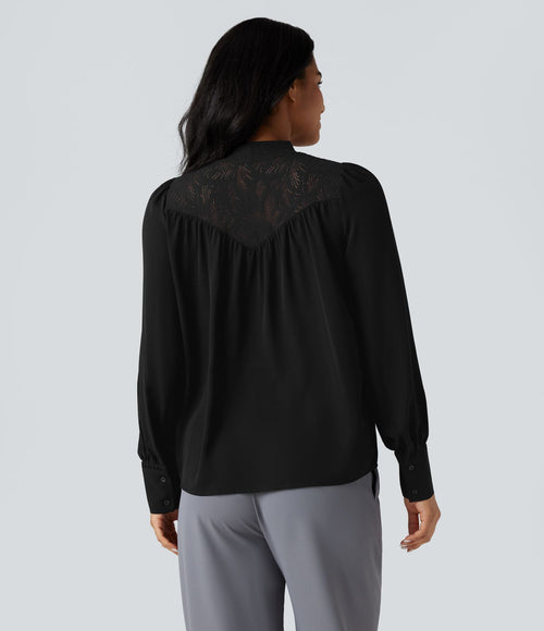 Chemise tailleur col montant dentelle contrastante manches longues