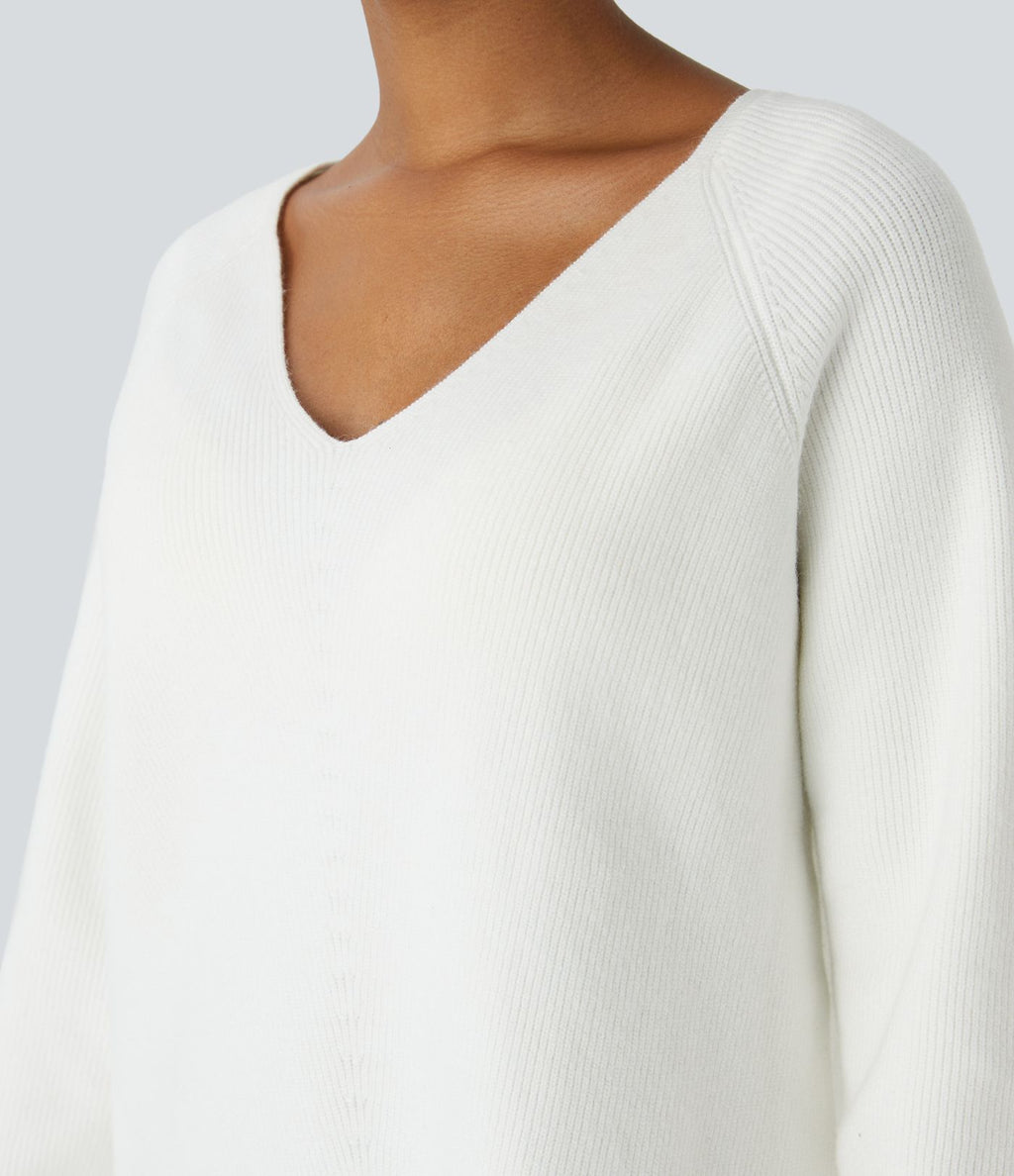 Pull décontracté fendu à col en V et manches longues