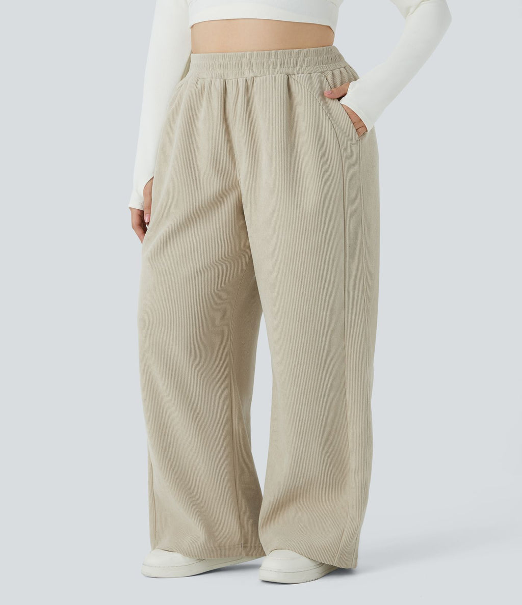 Pantalon décontracté grande taille en velours côtelé coupe droite taille haute avec poches latérales