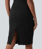 Robe midi tailleur sans manches col V ventre plat avec gainant intégré