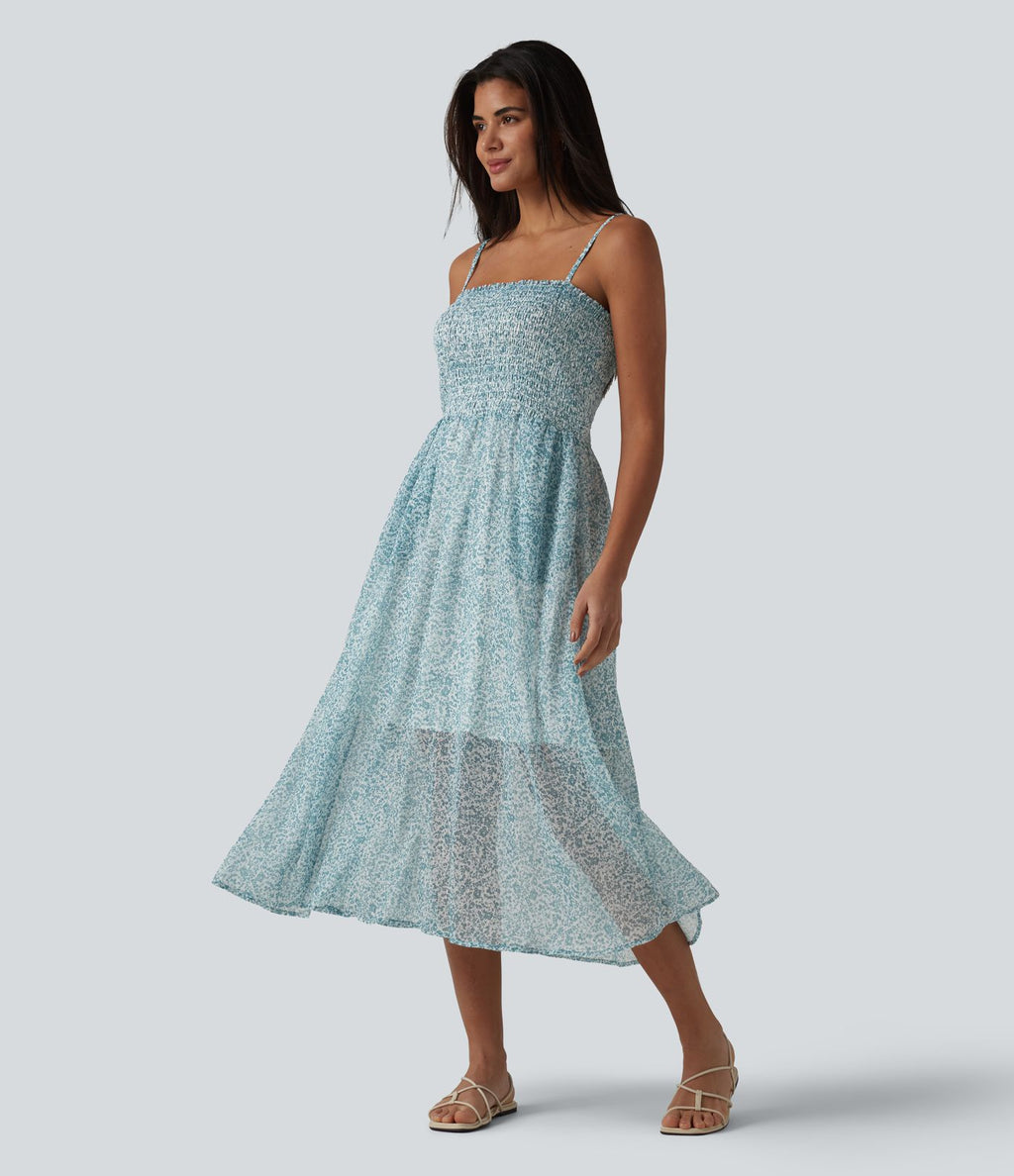 Robe nuisette midi casual fluide en mousseline à imprimé floral, fronces et bretelles réglables avec poches
