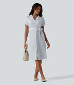 Robe-chemise midi tailleur à manches courtes et col, aspect lin à rayures, ceinturée et avec poches
