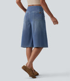 Short en jean ample Halara Flex™ taille haute croisé gainant décontracté avec poches