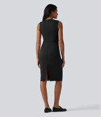 Robe midi tailleur sans manches col V ventre plat avec gainant intégré