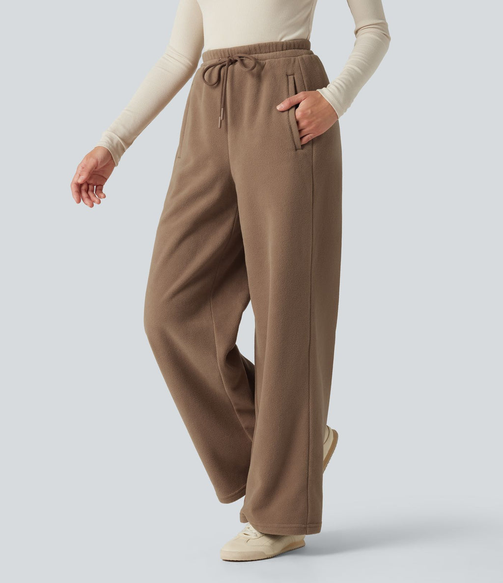 Pantalon large décontracté en polaire taille haute avec cordon de serrage et poches