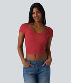T-shirt crop décontracté côtelé dos nu à nouer avec soutien-gorge intégré manches courtes