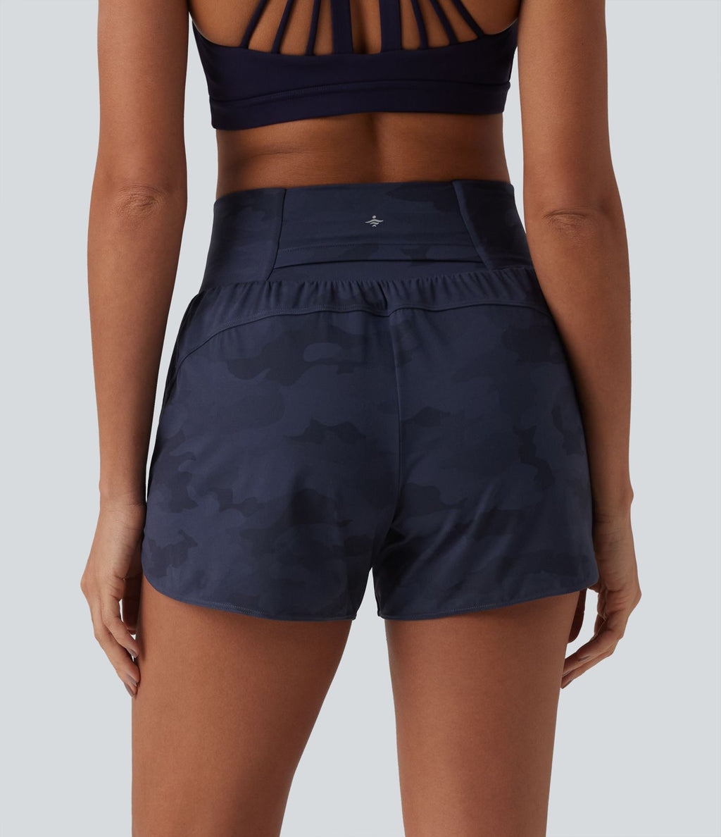 Short de running 2 en 1 Halara UltraSculpt™ gainant imprimé camouflage, taille haute, ourlet incurvé, 10 cm, avec poche