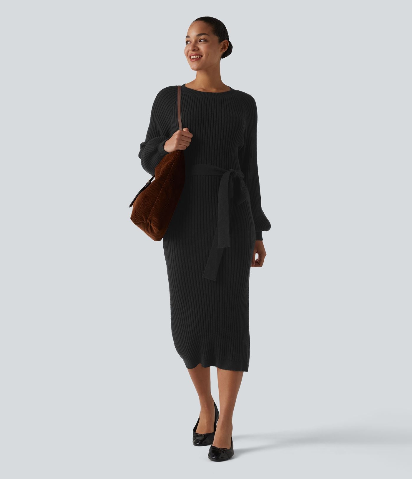 Robe pull midi casual col rond à manches longues, ceinturée