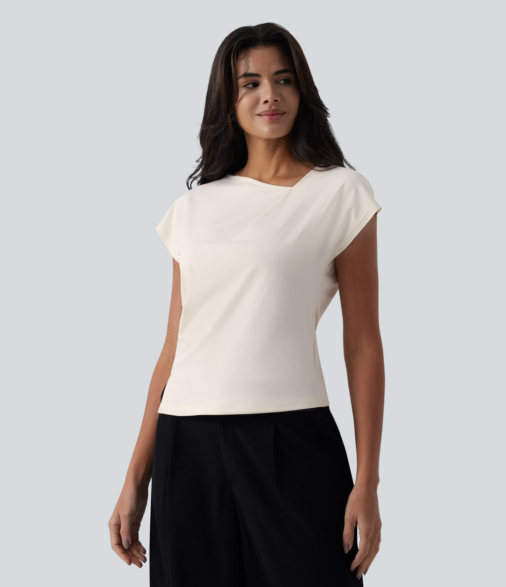 Blouse tailleur asymétrique col drapé manches courtes avec fronces et ourlet fendu