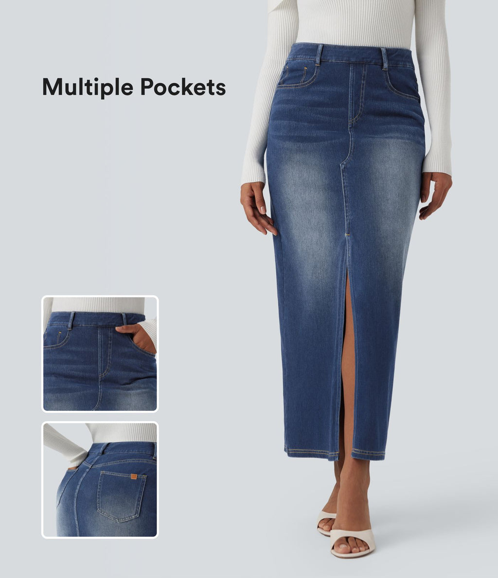 Jupe longue droite en denim délavé Halara Flex™ taille haute avec poches