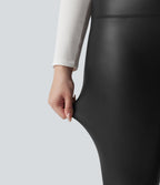 Leggings 7/8 grande taille en simili extensible effet ventre plat, taille haute, intérieur polaire, avec poches