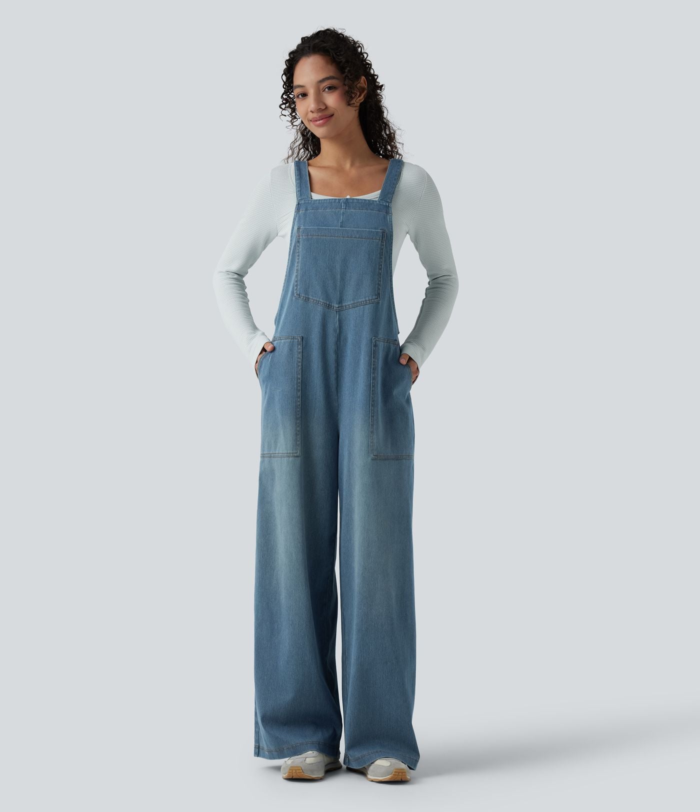 Salopette denim Halara Flex™ col carré effet délavé avec poches