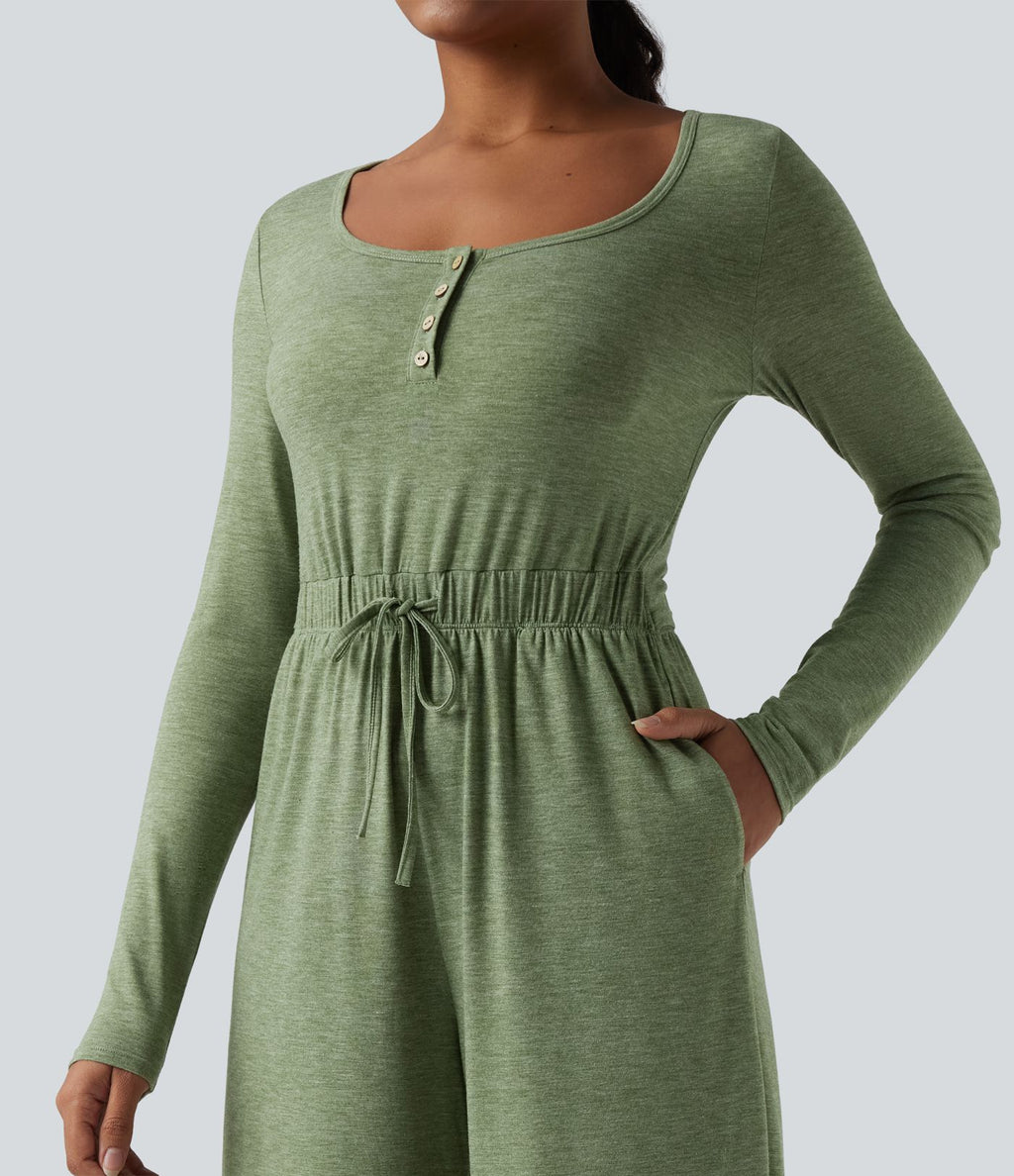 Combinaison ample casual chinée Henley à manches longues avec cordon de serrage et poches - Easy Peasy