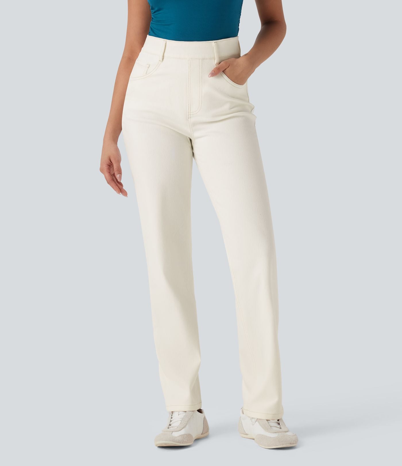 Halara Flex™ Jean casual délavé jambe droite taille haute gainant avec poches