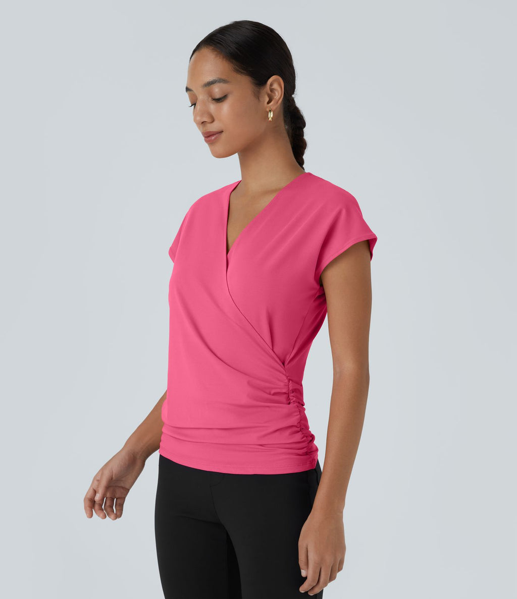 Blouse Travail Unie Froncée Croisée Manches Courtes Col en V