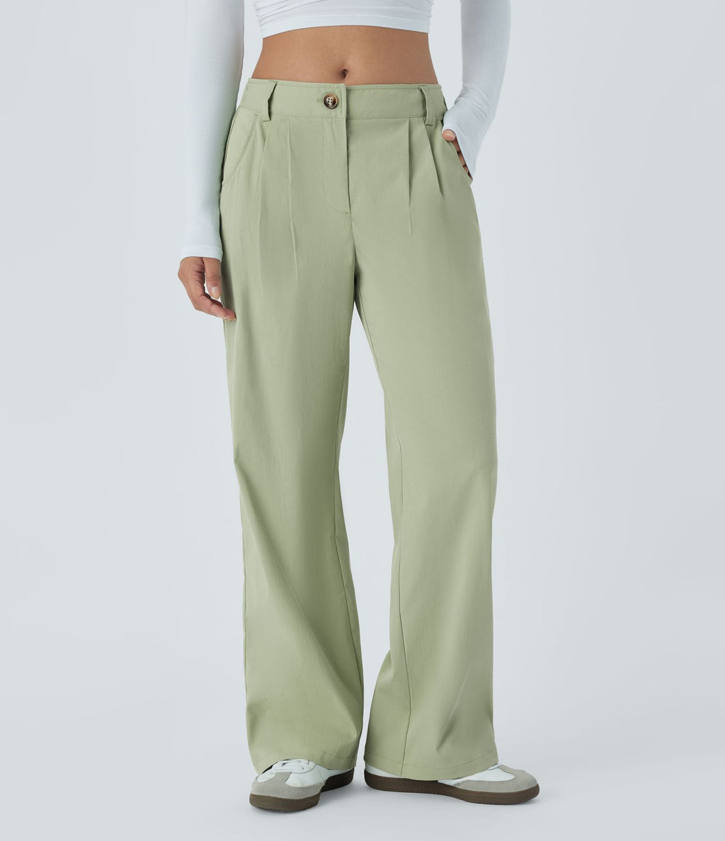 Pantalon décontracté droit taille moyenne à bouton, fermeture éclair et poches latérales