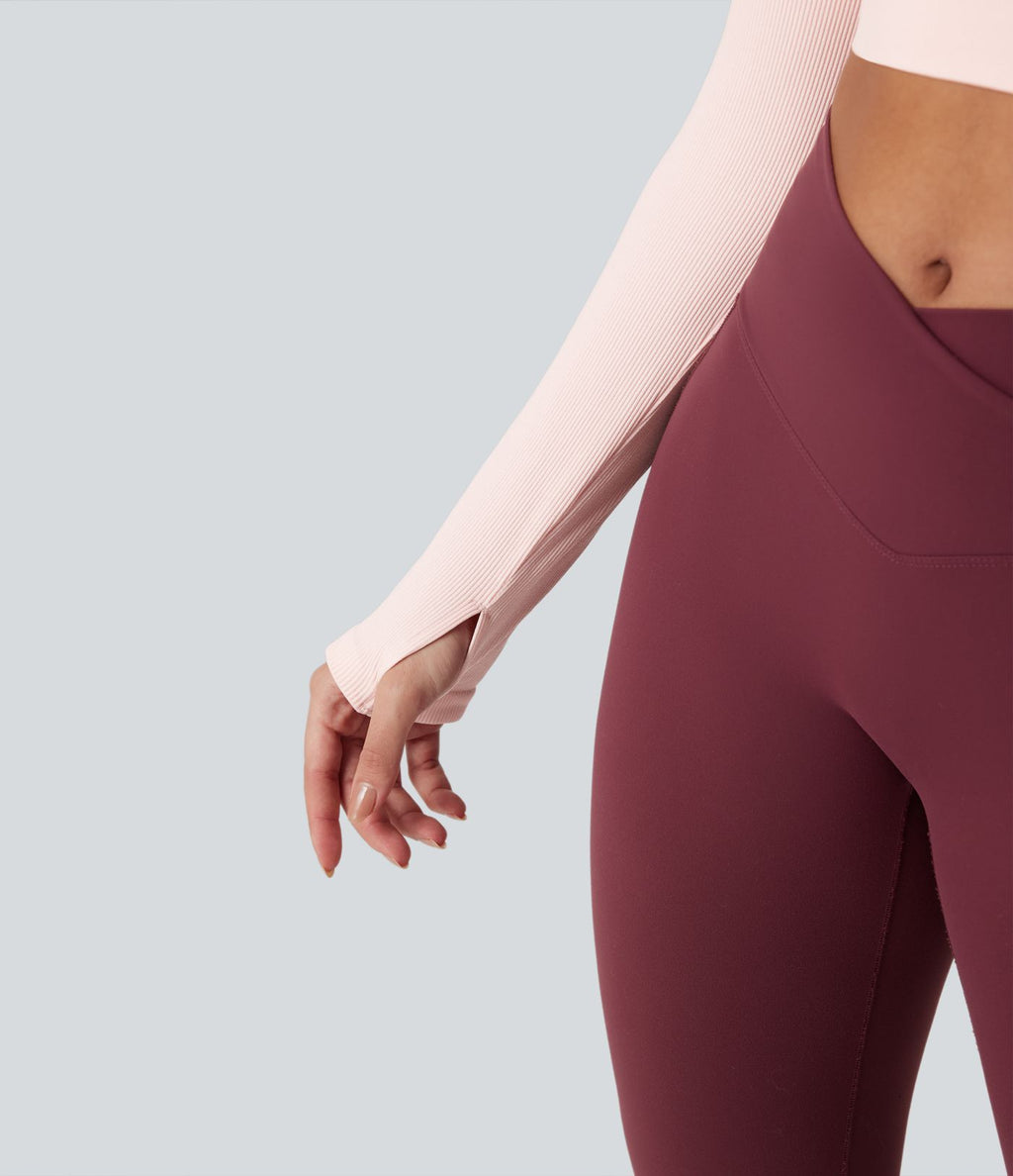 Haut de sport yoga court à manches longues avec passants pouces sans couture Seamless Flow