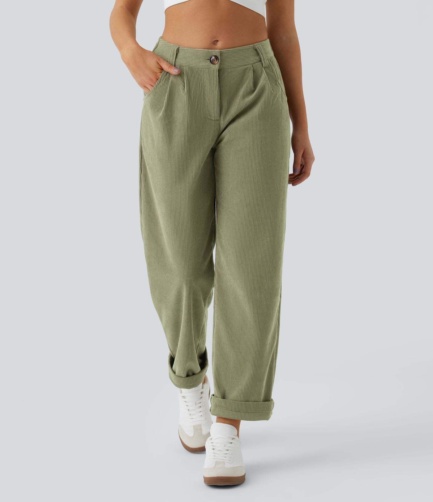 Pantalon en velours côtelé décontracté taille moyenne avec poches latérales
