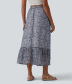 Jupe mi-longue fluide casual imprimé floral taille haute avec poches