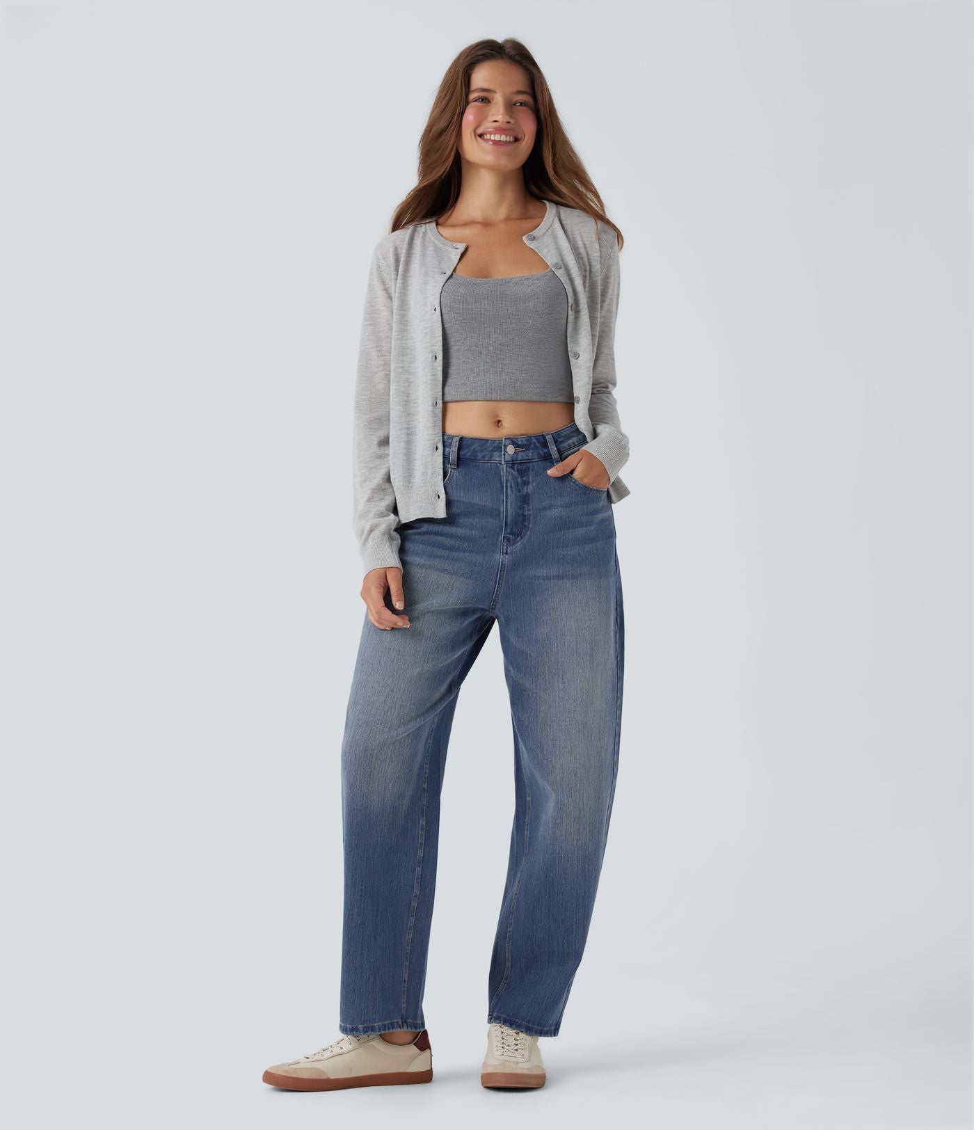 Jean barrel Halara Flex™ taille haute coupe barrel délavé avec poches