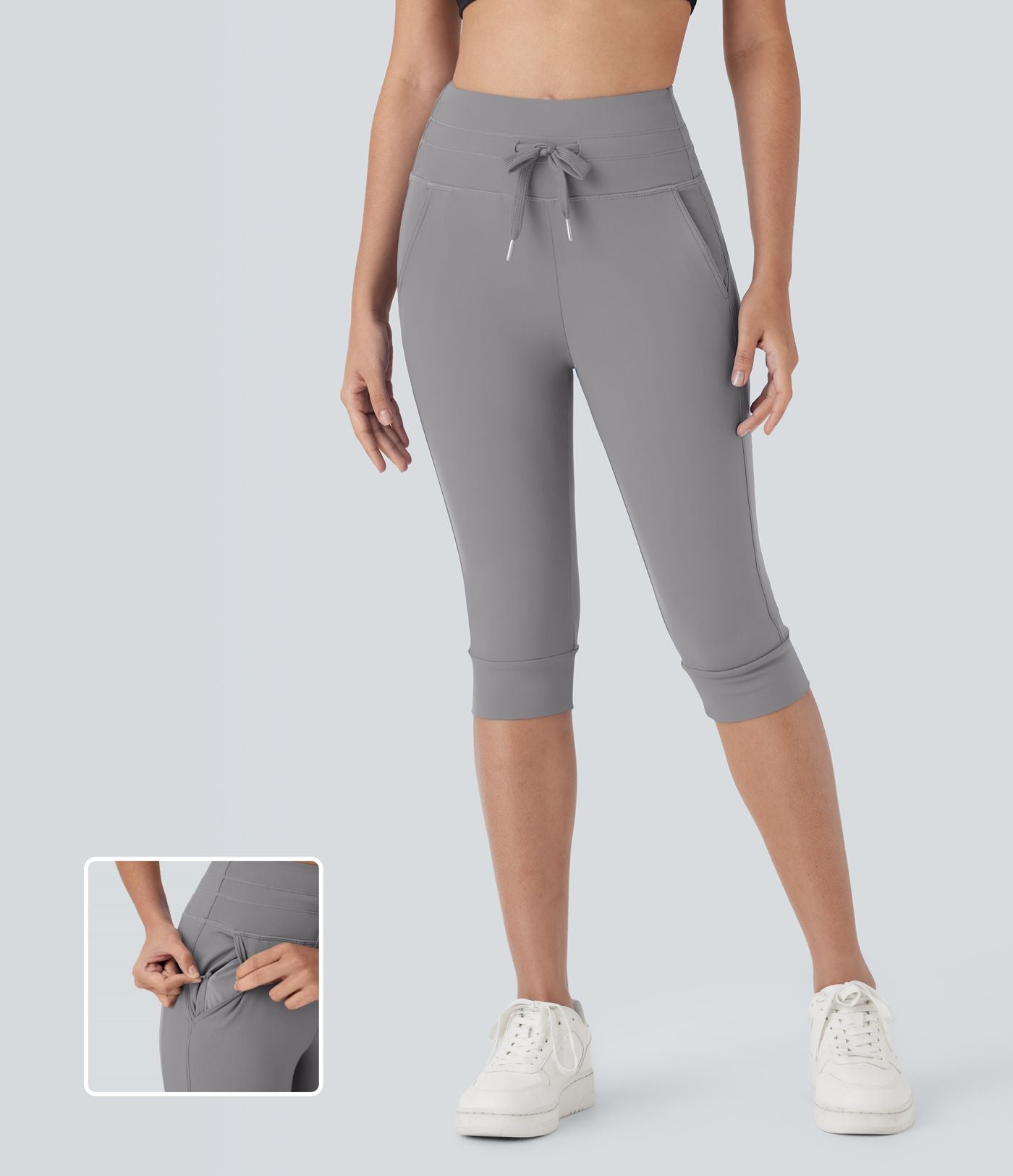 Pantalon corsaire jogging de yoga Softlyzero™ moelleux, taille haute à cordon avec poches latérales
