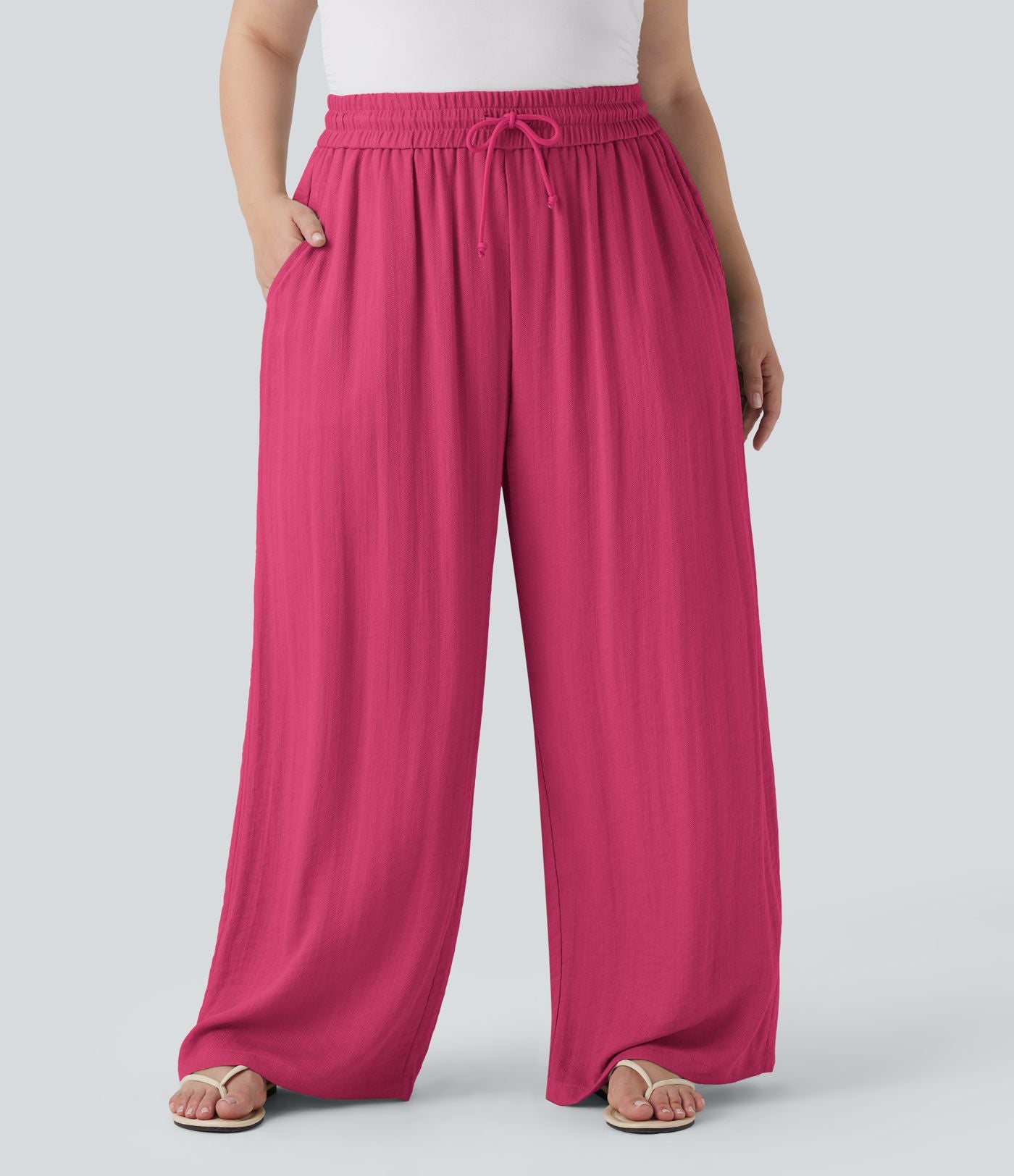 Pantalon décontracté grande taille large fluide taille haute effet lin avec cordon de serrage et poches