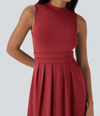 Robe longue décontractée sans manches à col montant, coupe évasée et poches latérales