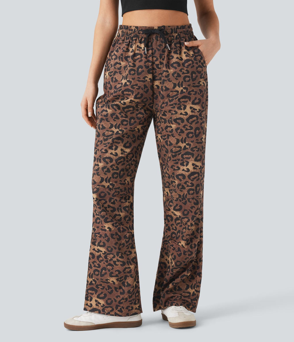 Pantalon casual taille haute cordon jambe droite imprimé léopard avec poches