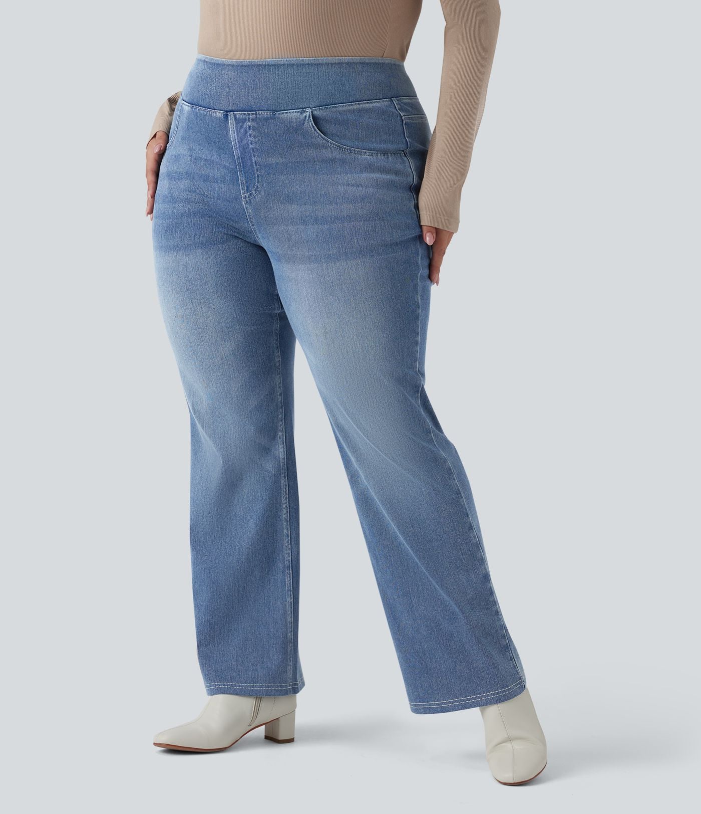 Jean décontracté Halara Flex™ grande taille bootcut taille haute en maille extensible délavée avec multiples poches