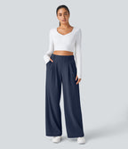 Halara Flex™ Pantalon Tailleur Large Fluide Gaufré Taille Haute Poches Latérales