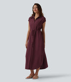 Robe chemise casual mi-longue col manches courtes ceinturée ourlet arrondi avec fente et poches