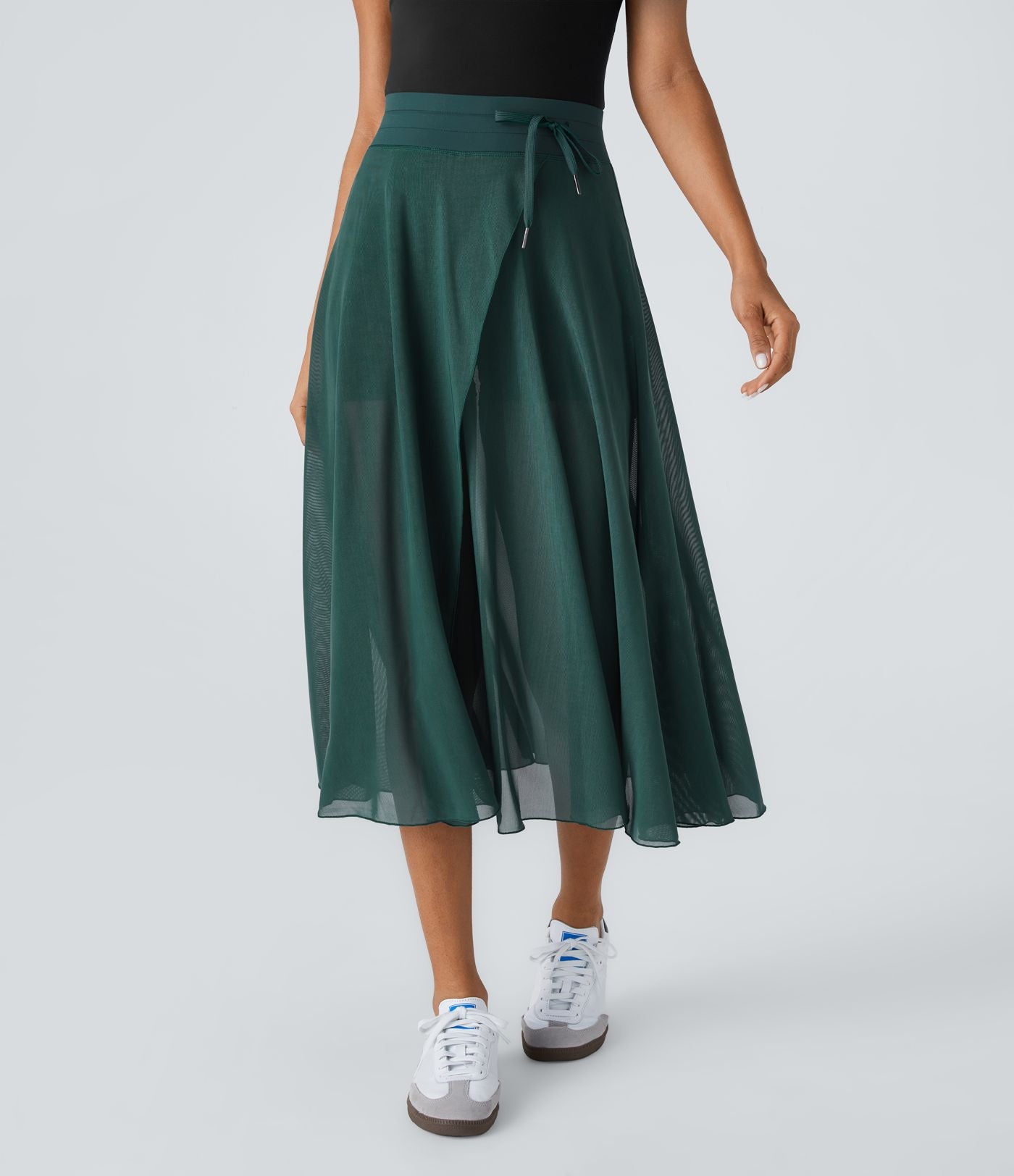 Jupe Casual Évasée Mesh Mi-Longue Fuide 2 en 1 Contrastée Taille Haute Cordon Poche Latérale