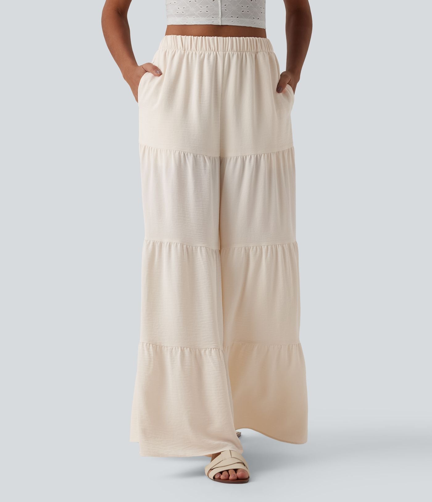 Pantalon large fluide taille haute aspect lin avec poches