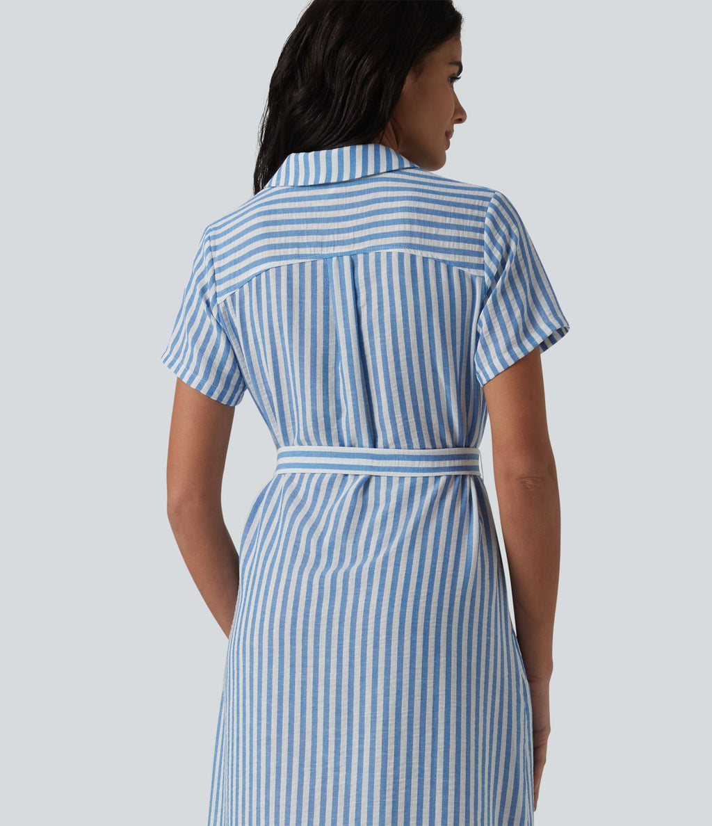 Robe-chemise midi tailleur à manches courtes et col, aspect lin à rayures, ceinturée et avec poches