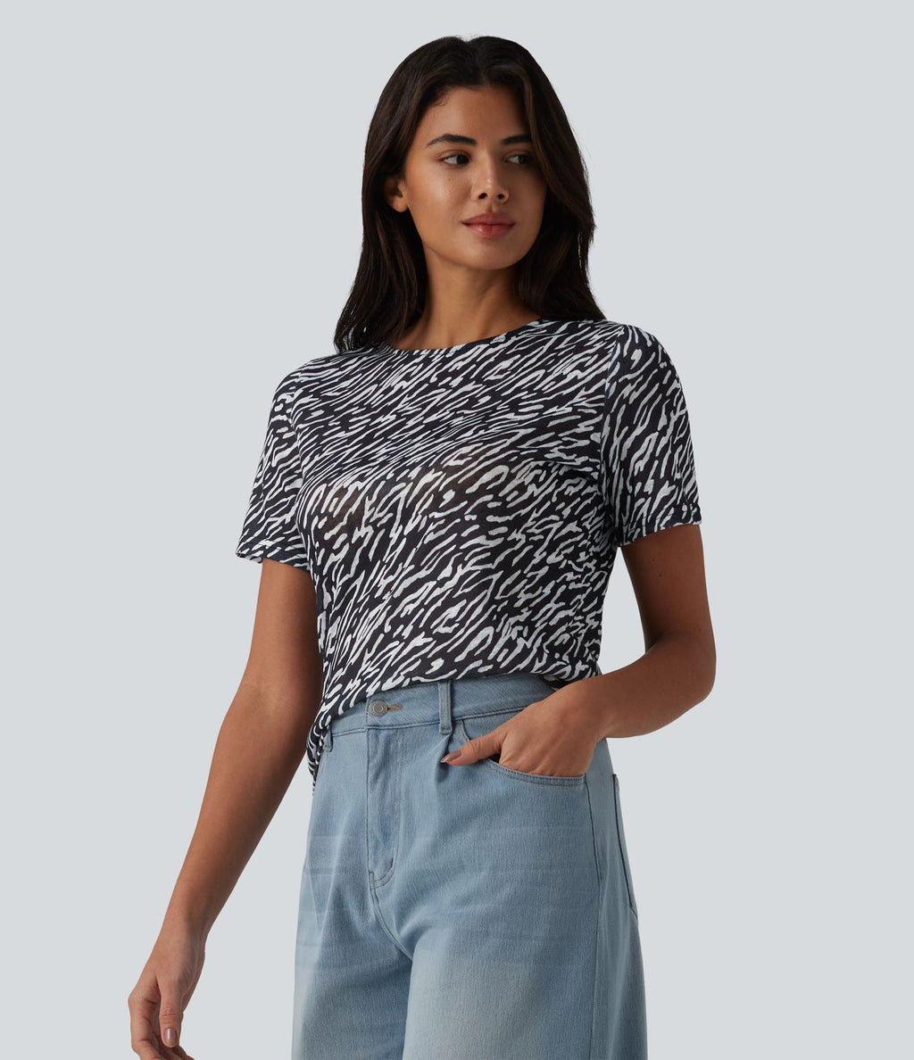 T-shirt casual imprimé zèbre col rond à manches courtes
