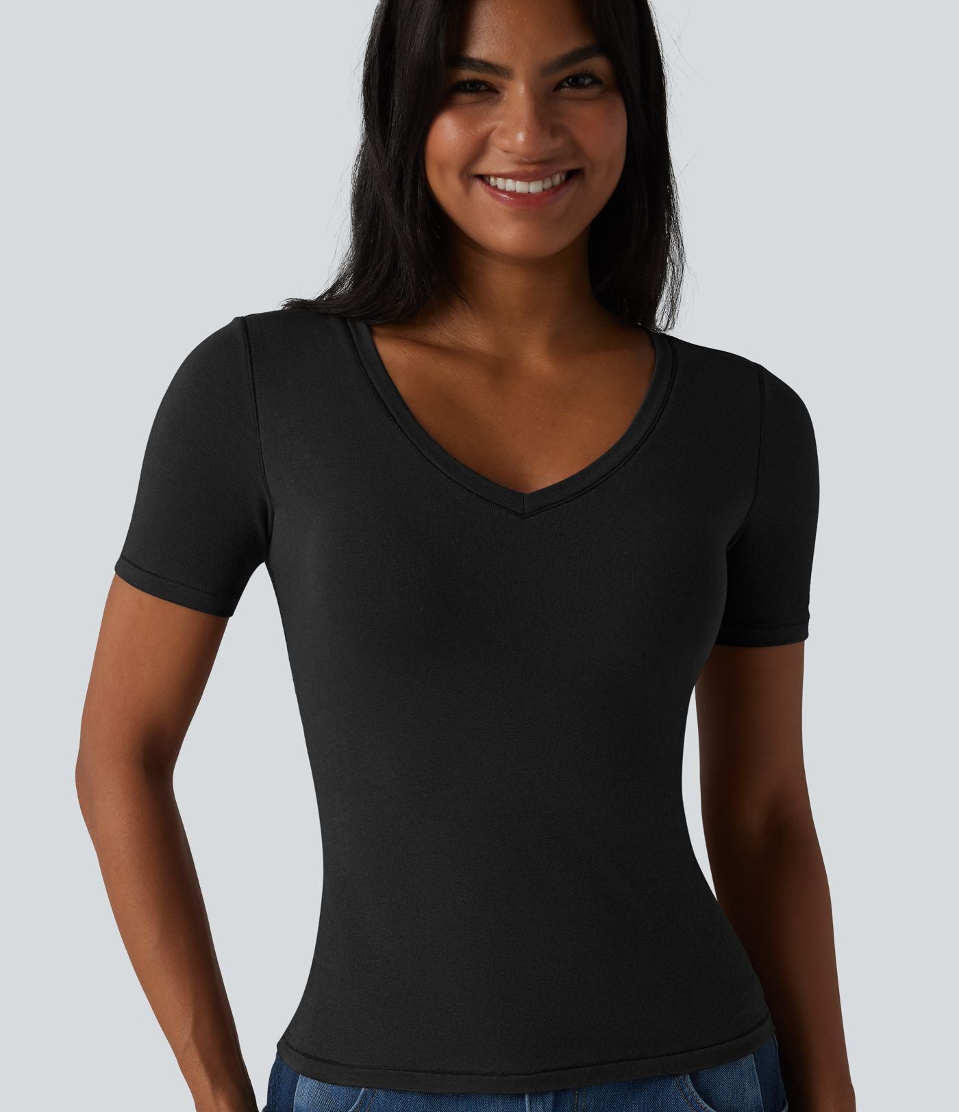 Halara T-shirt décontracté en jersey de coton col V manches courtes avec soutien-gorge intégré bonnets B-DD