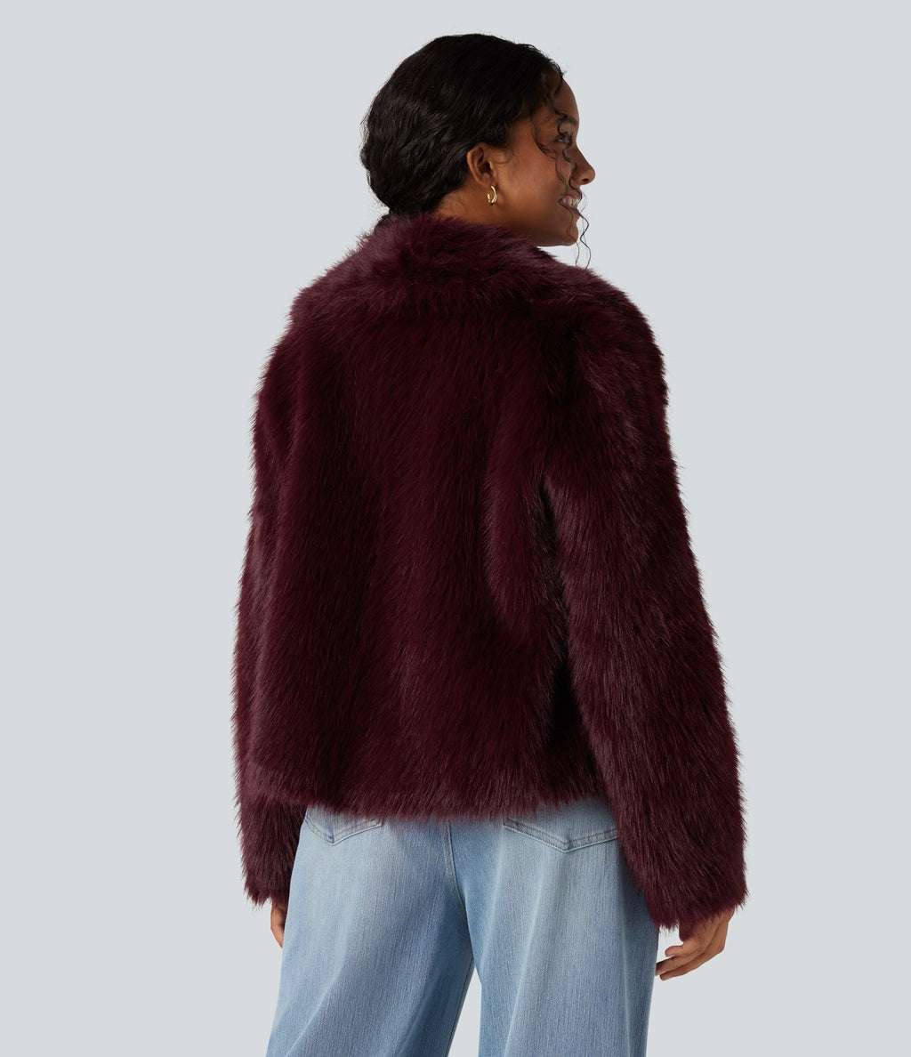 Manteau cape fausse fourrure col revers manches longues avec poches