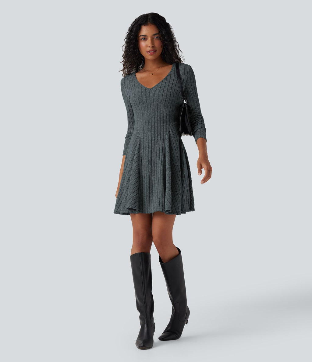 Robe décontractée mini évasée maille côtelée col V manches longues