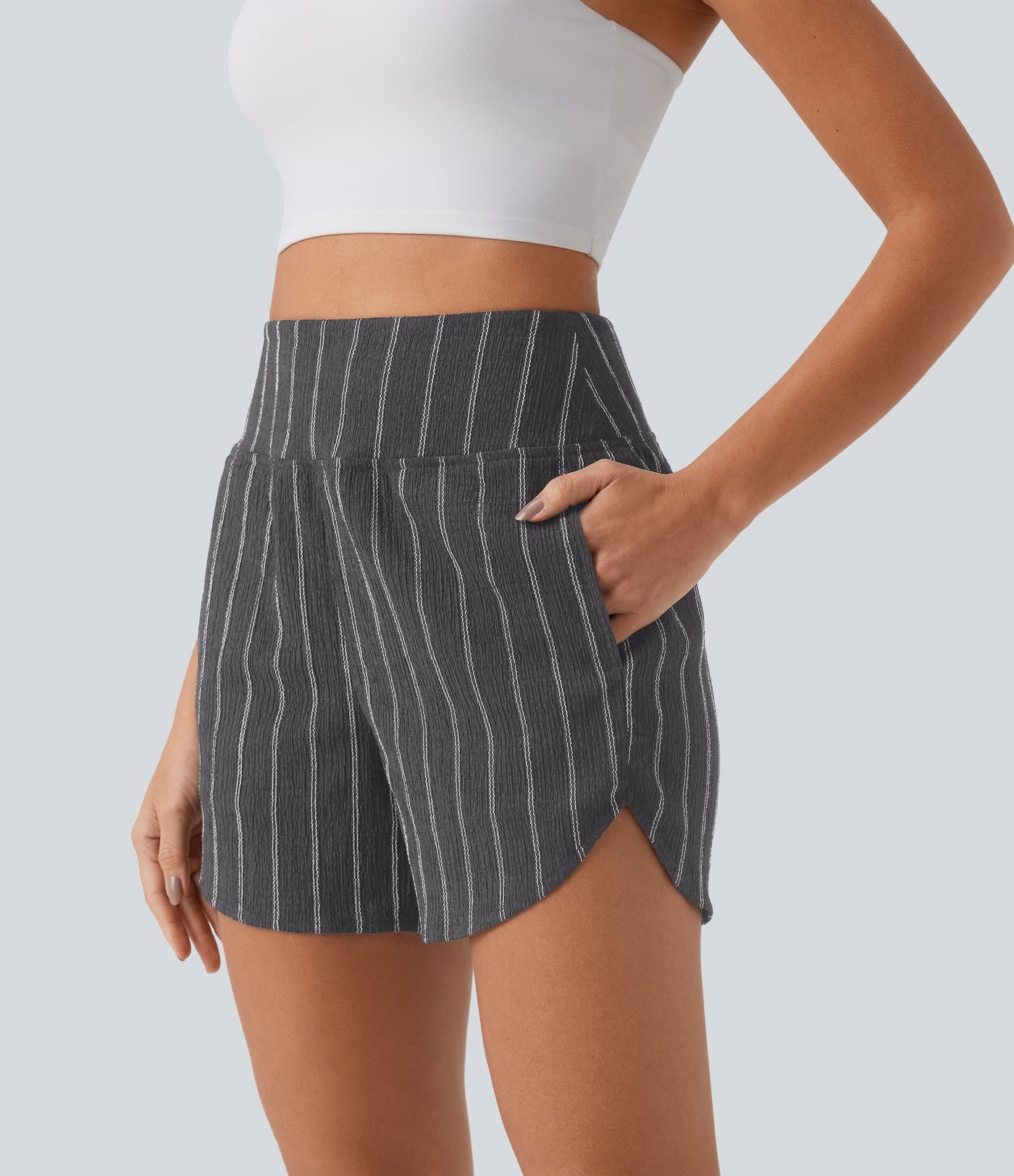 Short casual taille haute ourlet arrondi rayures avec poches