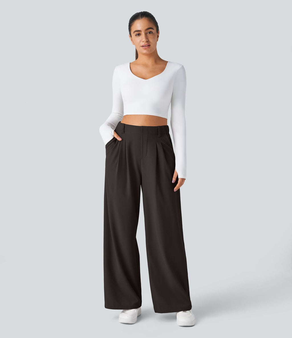 Pantalon Tailleur Large Fluide Halara Flex™ Gaufré Taille Haute Poches Latérales