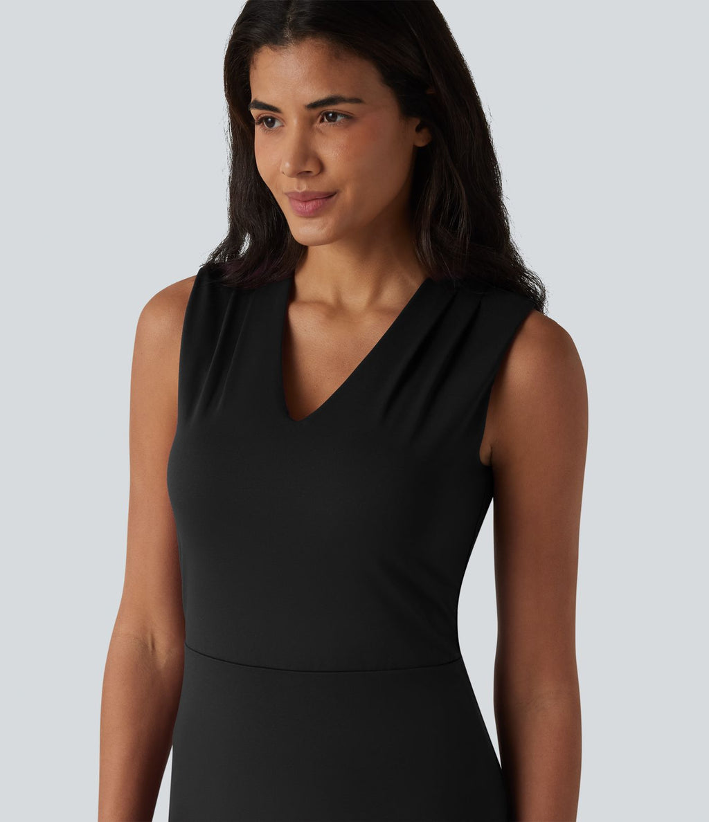 Robe midi tailleur sans manches col V ventre plat avec gainant intégré