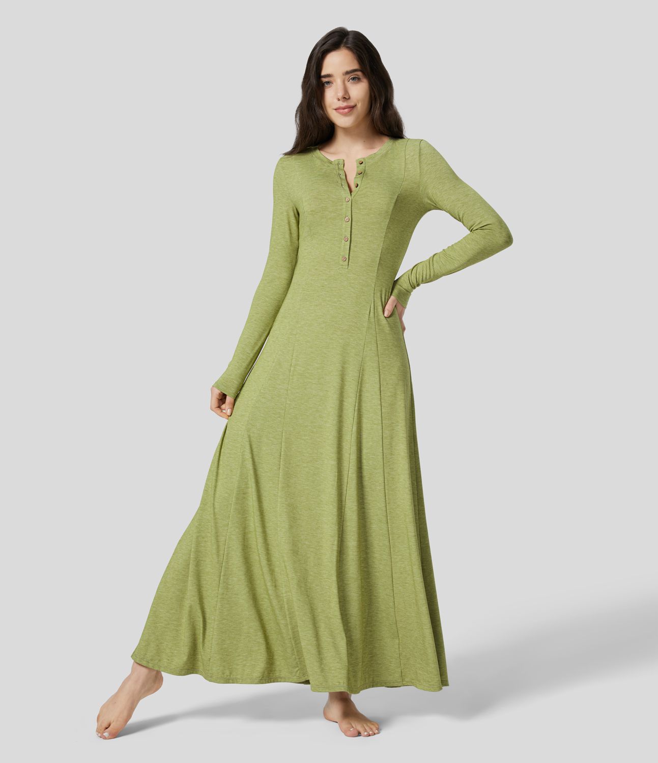 Robe de Casual Maxi Manches Longues Évasées et Boutons au Col Rond
