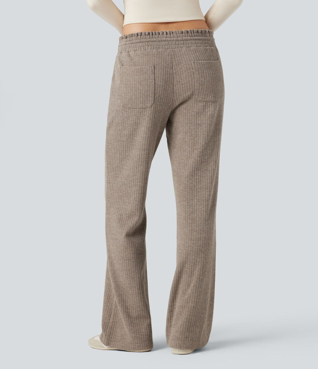 Pantalon décontracté bootcut côtelé, taille basse, cordon et poches