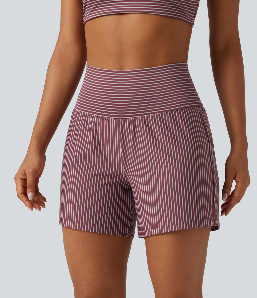 Short de yoga 2-en-1 à rayures, taille très haute, 12,5 cm, à poches