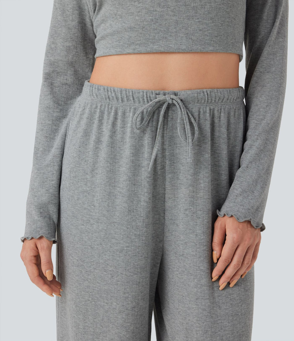 Pantalon détente taille haute coupe droite finitions plissées pointelle avec cordon de serrage
