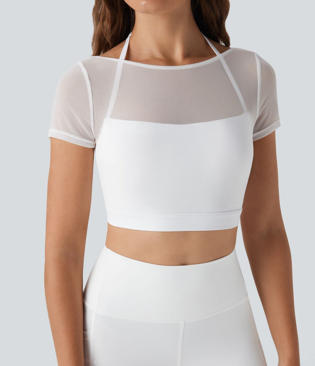 Haut de sport yoga court 2-en-1 dos nu col licou manches courtes mesh contrastant