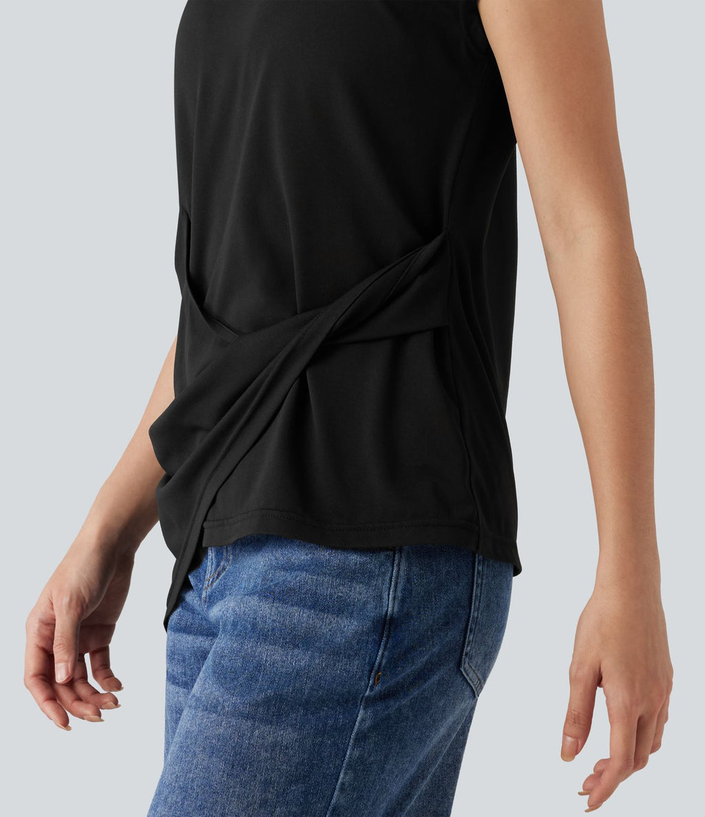 Top casual col rond manches courtes ourlet asymétrique torsadé