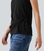 Top casual col rond manches courtes ourlet asymétrique torsadé